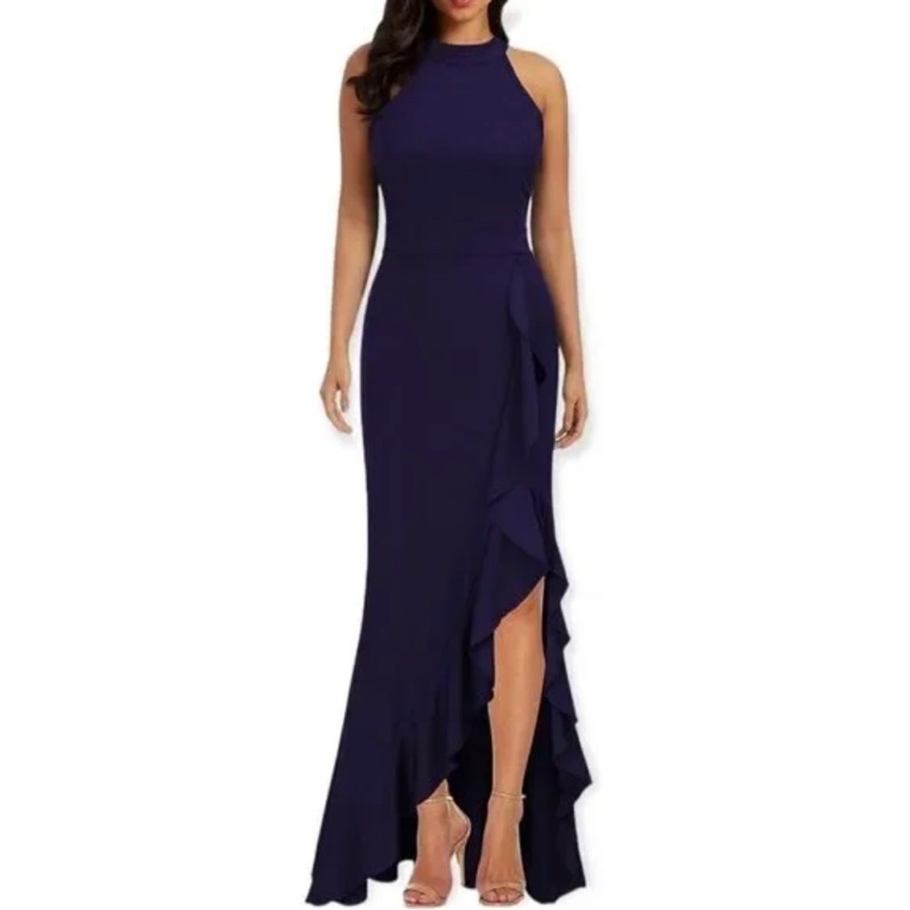 Navy Blue Sleeveless High Neck Ruffled Evening Gown